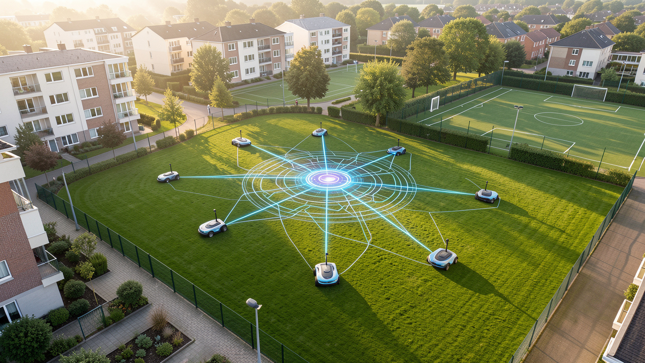 Plusieurs robots tondeuses autonomes entretiennent différents espaces verts collectifs, reliés à un centre de supervision à distance.