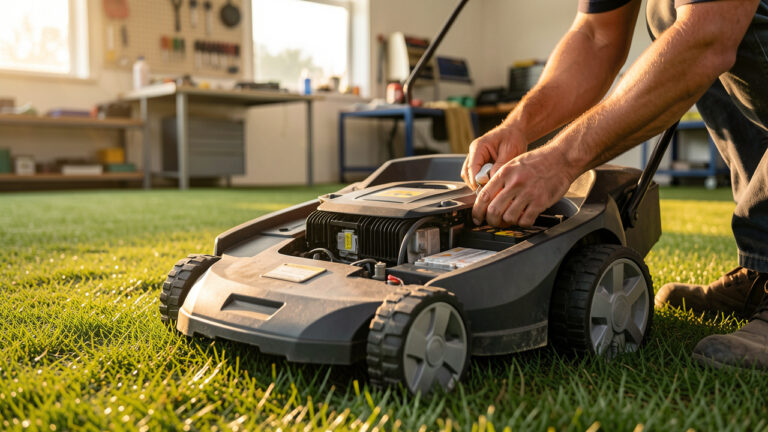 Robot tondeuse sur une pelouse entretenue pendant une vérification de maintenance pour réduire les arrêts et prolonger sa durée de vie, lumière naturelle en fin de journée.