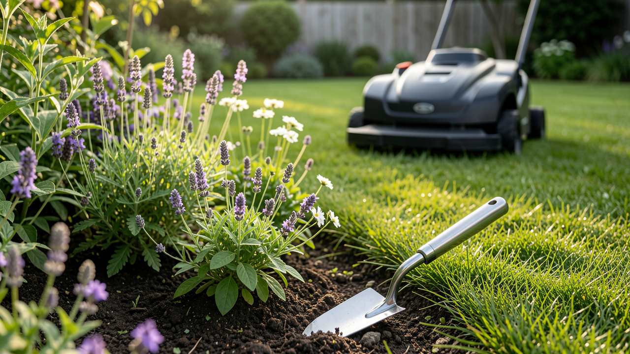 Transplantoir posé près de jeunes fleurs plantées en bordure d’une pelouse entretenue par un robot tondeuse.