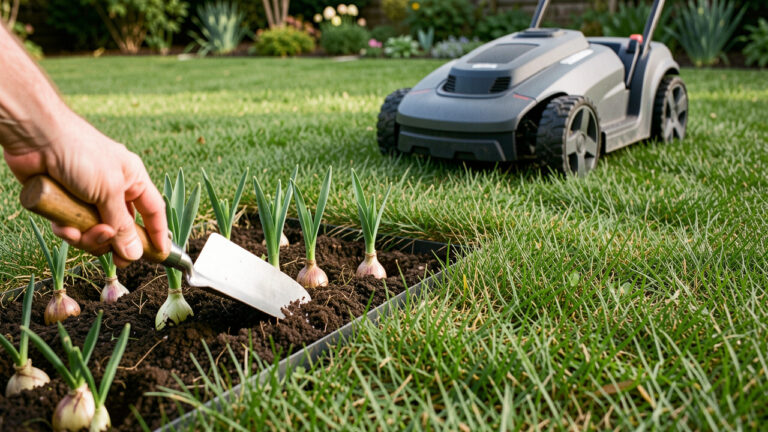 Plantoir posé près de bulbes naturalisés plantés dans une pelouse, tandis qu’un robot tondeuse circule sur un passage dégagé.
