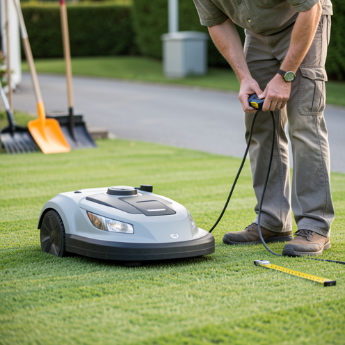 Un robot tondeuse sur une pelouse bien entretenue, avec un jardinier vérifiant la station de charge, lumière du matin et ambiance de jardinage pour illustrer budget, durée et services inclus.
