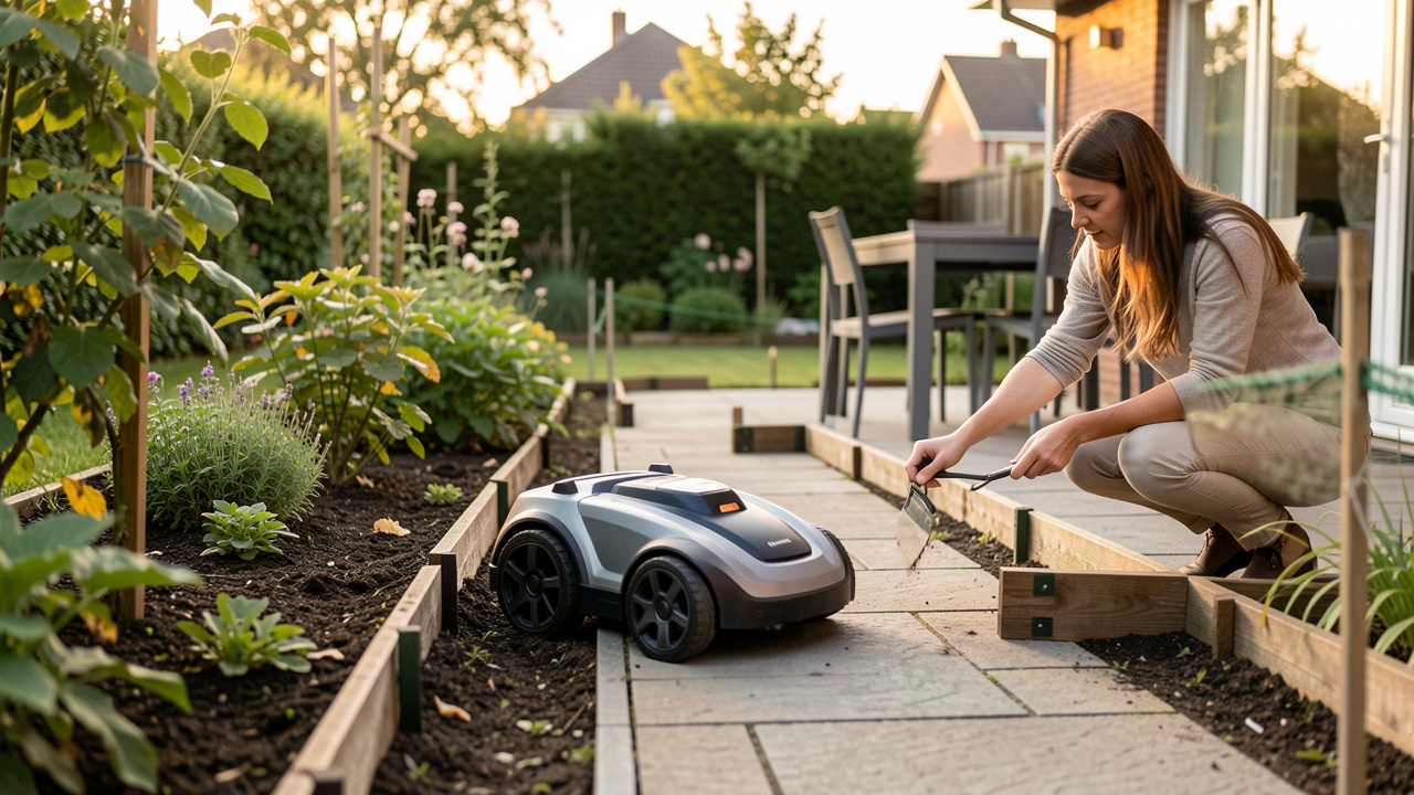 Un robot tondeuse longe le bord du jardin tandis qu’une femme installe des barrières de protection pour préserver une terrasse et un espace repas propres, éclairage naturel de fin d’après-midi.