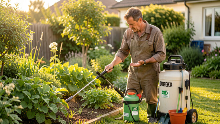Un jardinier compare différents pulvérisateurs et outils d’entretien dans un jardin résidentiel verdoyant.