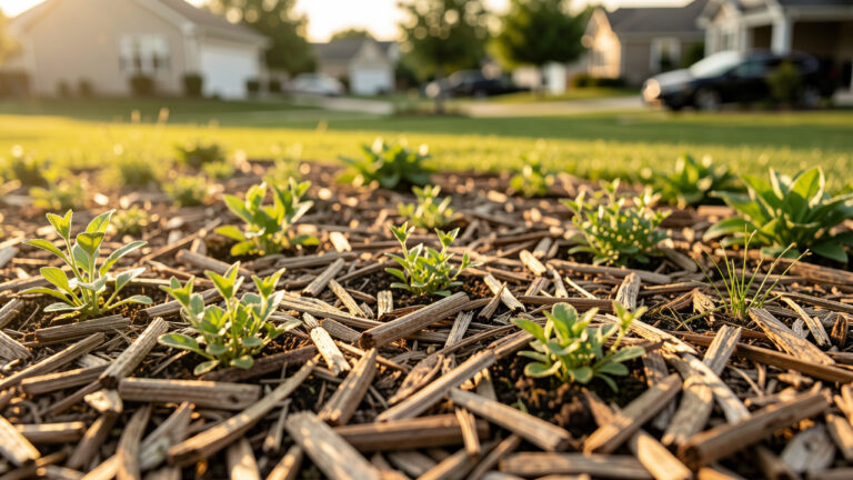 Paillage naturel étalé sur une plate-bande de jardin, autour de jeunes plantes, pour réduire la tonte et garder le sol propre plus longtemps.