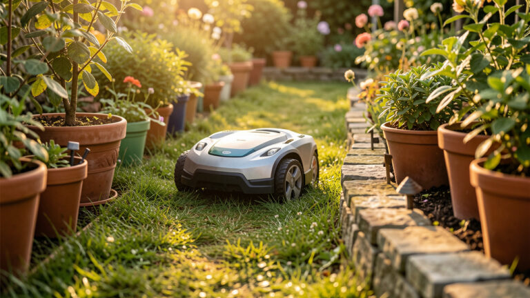 Robot tondeuse compact manœuvrant dans un jardin étroit, entre des plantes en pots et des obstacles, sous une lumière dorée.
