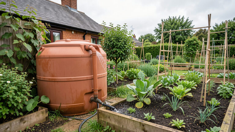 Récupérateur d’eau de pluie relié à une gouttière et utilisé pour arroser un jardin potager sans gaspillage.