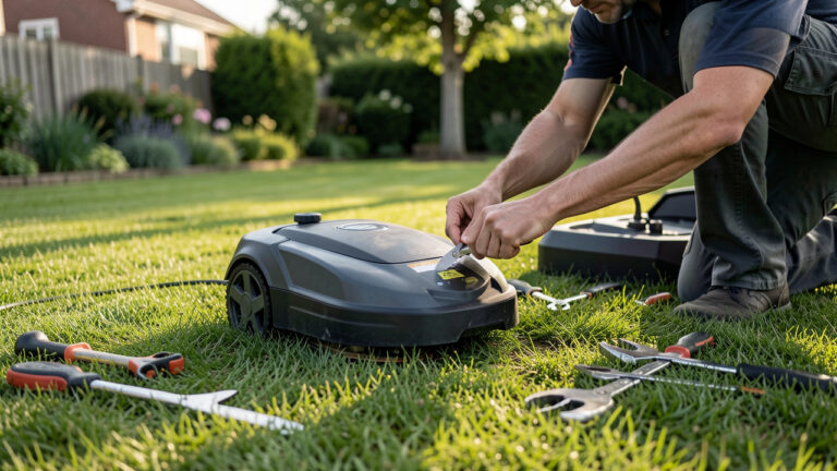 Robot tondeuse électrique sur une pelouse verte, avec vérification du système de coupe et de la station de charge dans un jardin résidentiel au petit matin.