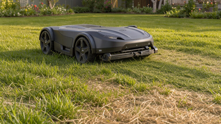 Robot tondeuse autonome réglant sa hauteur de coupe sur une pelouse présentant des zones de gazon printanier et estival.