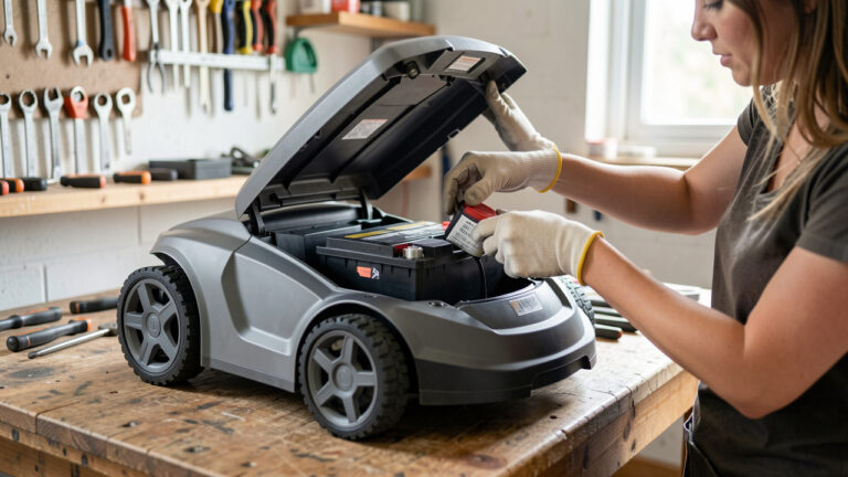 Une femme remplace en toute sécurité la batterie d’un robot tondeuse sur un établi de garage, avec des gants et une disposition ordonnée des outils.