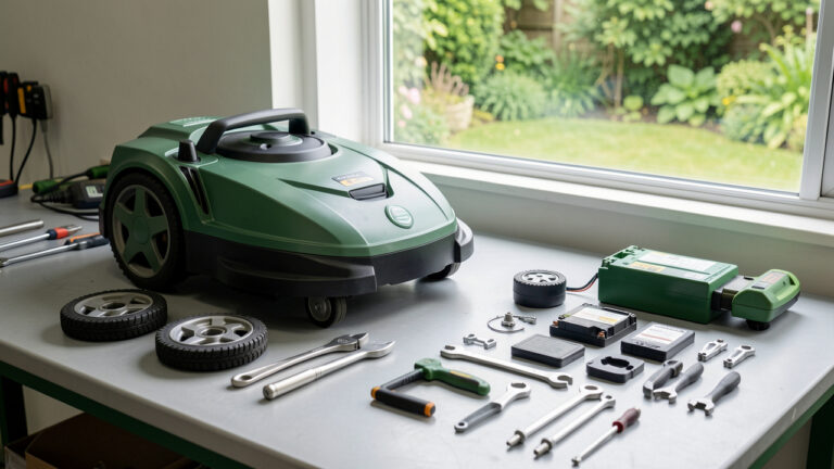 Robot tondeuse posé sur un établi avec des outils, des pièces détachées et une batterie, dans un atelier donnant sur un jardin vert.