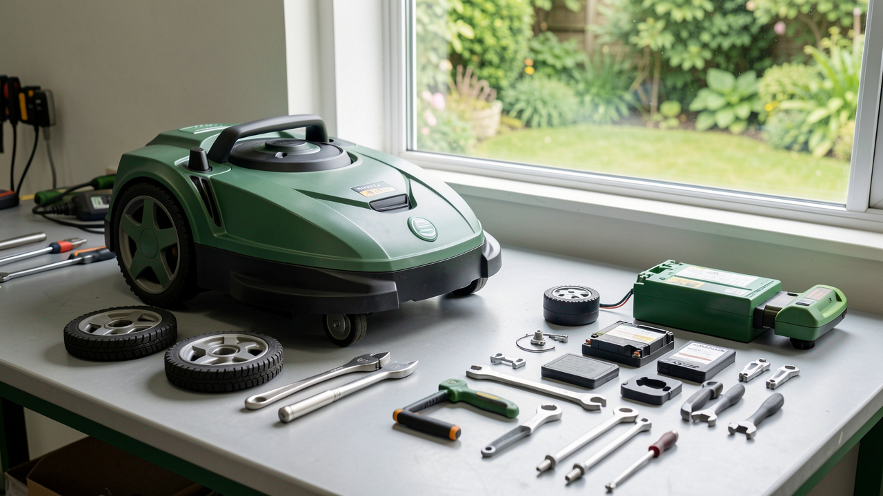 Robot tondeuse posé sur un établi avec des outils, des pièces détachées et une batterie, dans un atelier donnant sur un jardin vert.