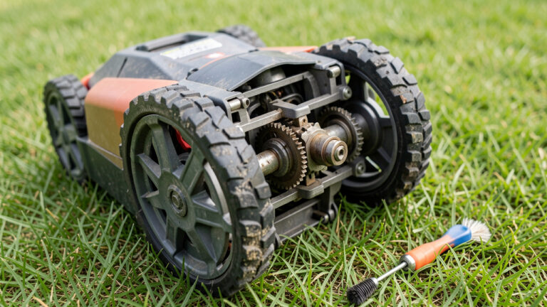 Robot tondeuse retourné sur le côté, avec ses roues motrices et ses mécanismes visibles pendant une opération de nettoyage et de réparation.