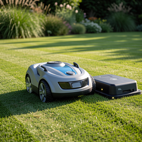 Tondeuse robot sur une pelouse bien entretenue, lumière du matin et station de charge dans un jardin naturel, vue réaliste documentaire.