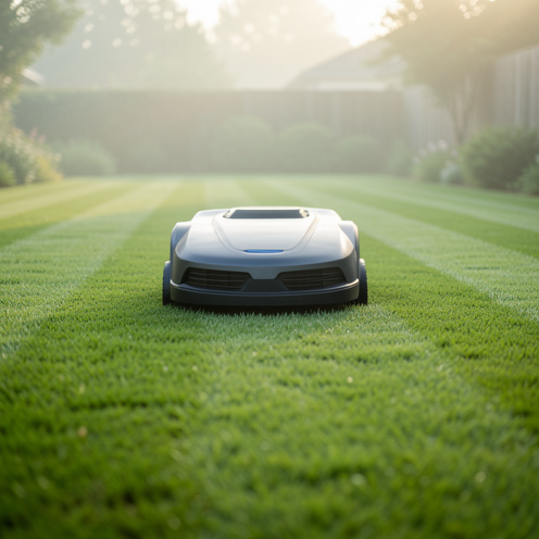 Une tondeuse robot moderne avance sur une pelouse verte et bien entretenue dans un jardin spacieux, avec une lumière matinale naturelle.