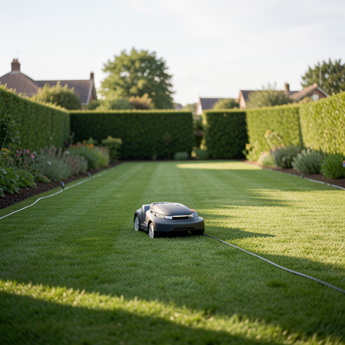 Un robot tondeuse avance sur une pelouse parfaitement entretenue dans un grand jardin, avec des bordures et des parterres, sous une lumière matinale naturelle.