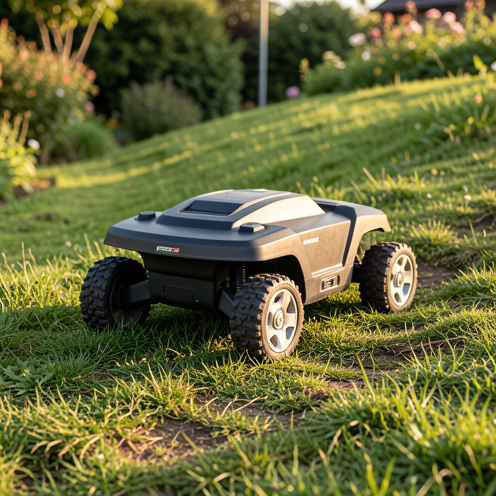 Robot tondeuse à quatre roues motrices en action sur une pente douce dans un jardin, sur un sol herbeux et irrégulier, avec un éclairage naturel doré.