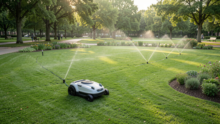 Un robot tondeuse et un système d’arrosage automatique coordonnent leurs cycles sur une pelouse collective verdoyante.