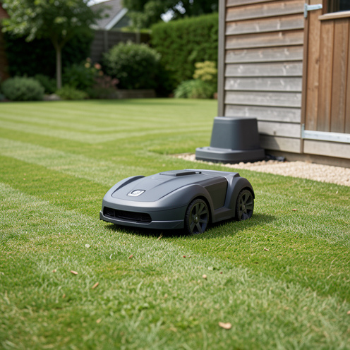 Vue réaliste d’une tondeuse robot sur une pelouse bien entretenue, se déplaçant près d’une station de recharge dans un jardin résidentiel.