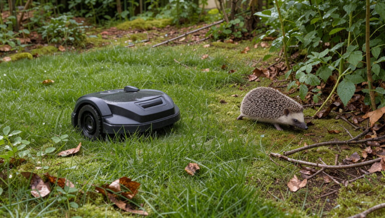 Un robot tondeuse à l’arrêt sur une pelouse, près d’un hérisson à l’abri dans la végétation d’un jardin.