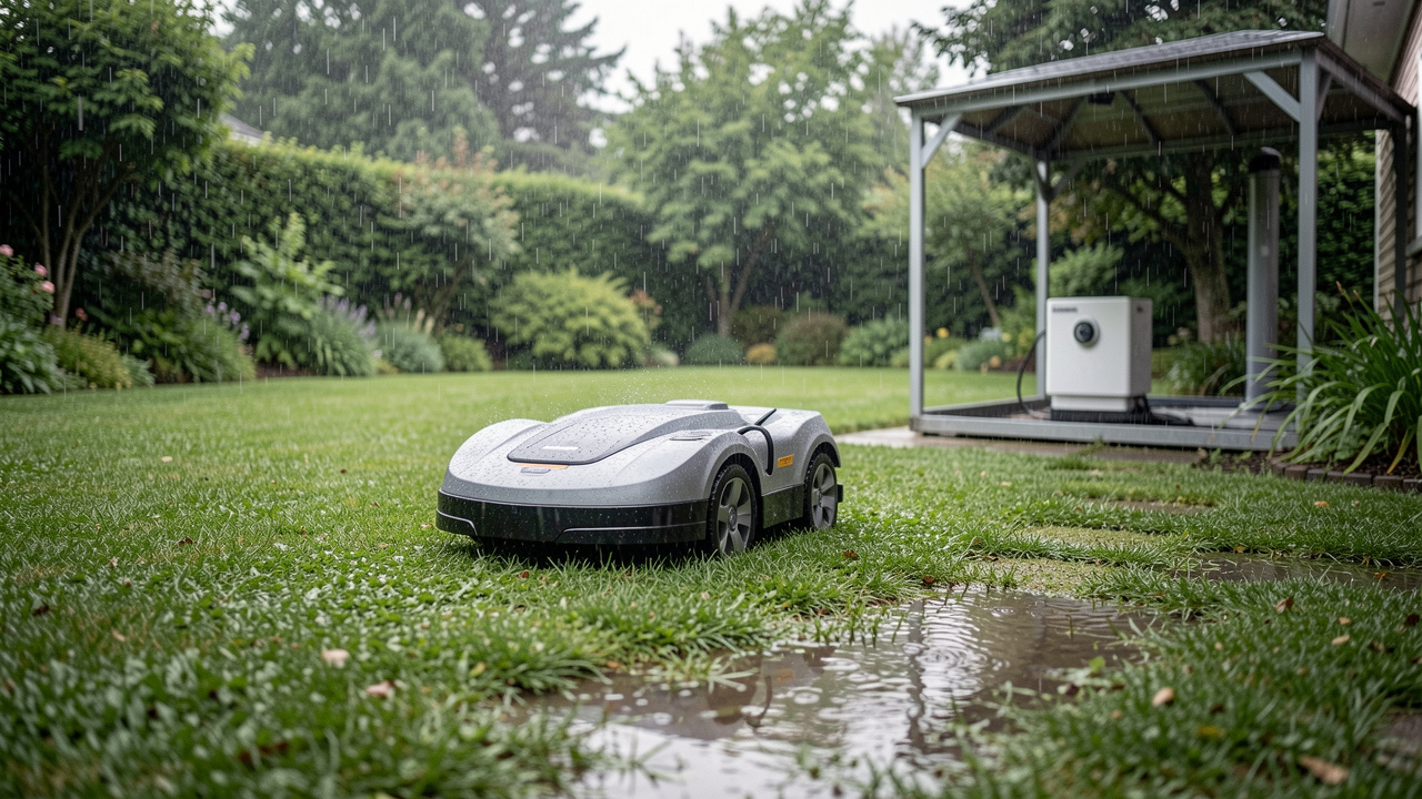 Robot tondeuse circulant sur une pelouse humide sous une pluie légère, près de sa station de recharge abritée.