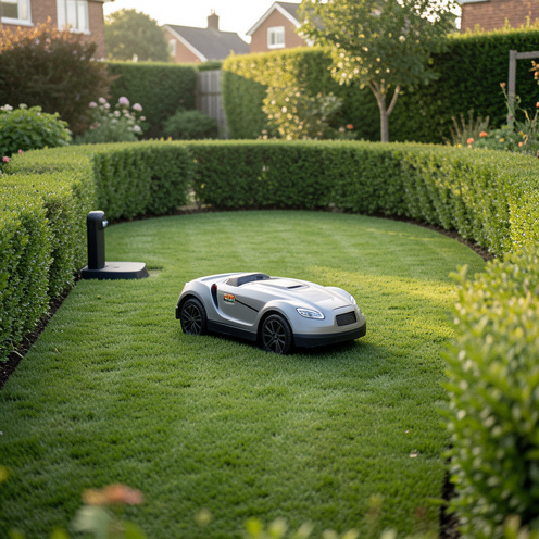 Robot tondeuse sans fil se déplaçant sur une pelouse bien entretenue dans un petit jardin, près d’une station de charge.
