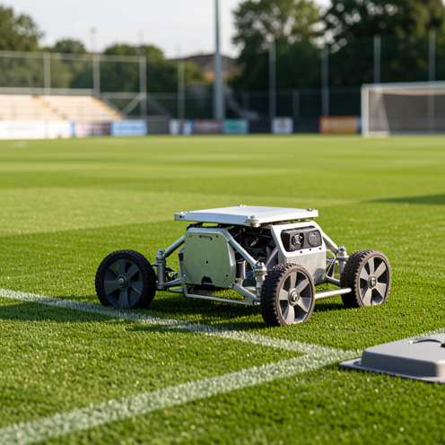 Robot tondeuse autonome sur un terrain de football, avec vue sur la pelouse et la station de recharge, prise de vue réaliste en lumière naturelle.