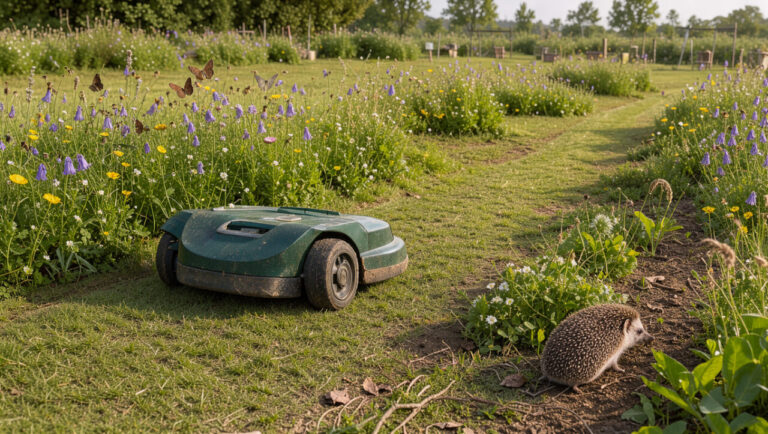 Robot tondeuse autonome circulant prudemment dans un espace vert collectif, autour de zones de prairie fleurie préservées pour favoriser la biodiversité.