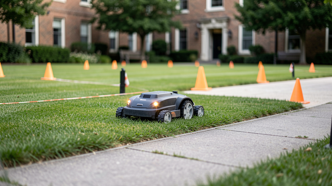 Robot tondeuse autonome tondant une pelouse dans une cour partagée, avec un périmètre de sécurité discret matérialisé par des cônes et une ambiance calme sous la lumière naturelle.