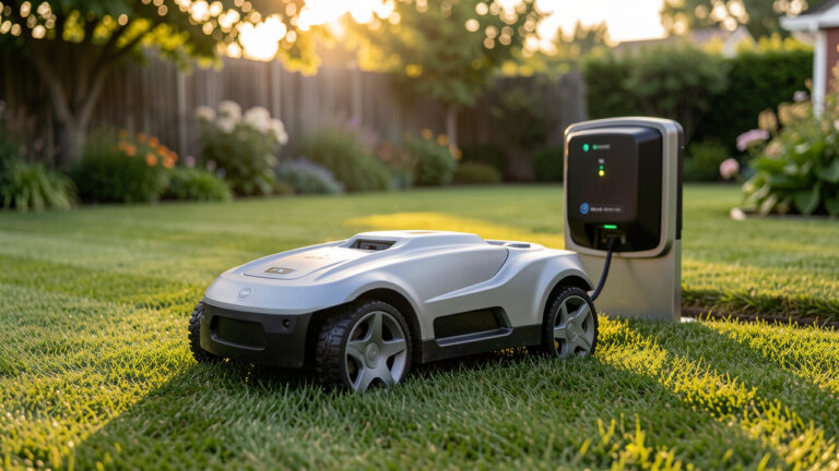 Une tondeuse robot traverse une pelouse soignée et se recharge à sa station d’accueil, en lumière dorée, dans un jardin calme.