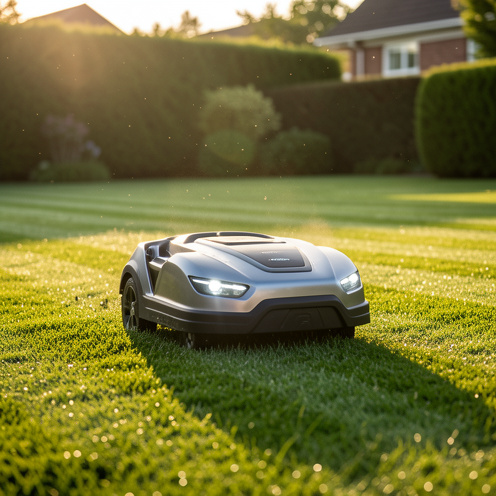 Un robot tondeuse moderne se déplaçant sur une pelouse parfaitement tondue au lever du soleil, éclairage doux, rendu photo réaliste et naturel.
