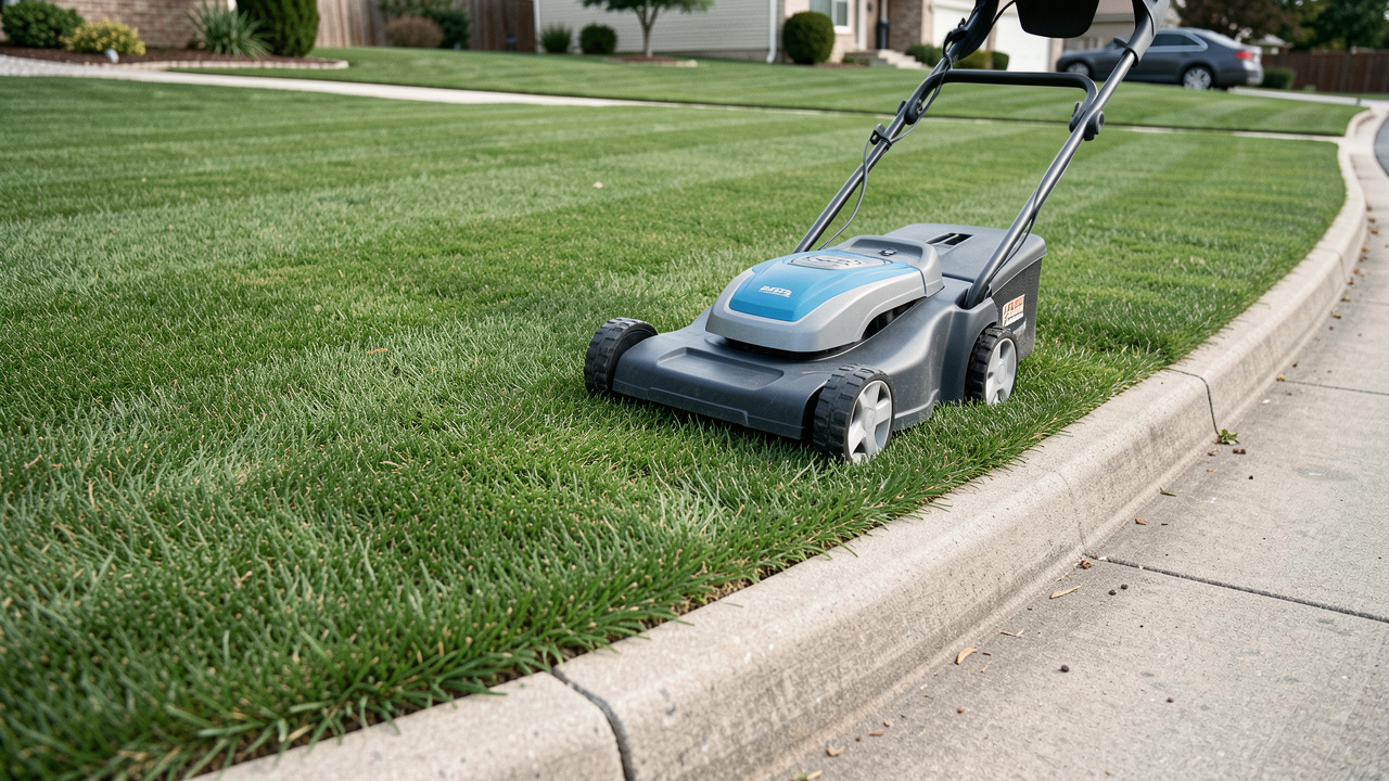 Robot tondeuse réalisant une coupe nette et bordures parfaitement tracées le long d’une allée, dans un jardin verdoyant, avec une vue réaliste et détaillée.