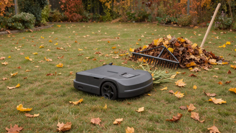 Robot tondeuse avançant sur une pelouse d’automne parsemée de feuilles mortes, avec un râteau et un tas de feuilles rassemblées à proximité.