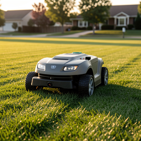 Un robot tondeuse grand format parcourt une grande pelouse verte, tondant en lignes régulières sous une lumière matinale, avec un paysage résidentiel en arrière-plan.