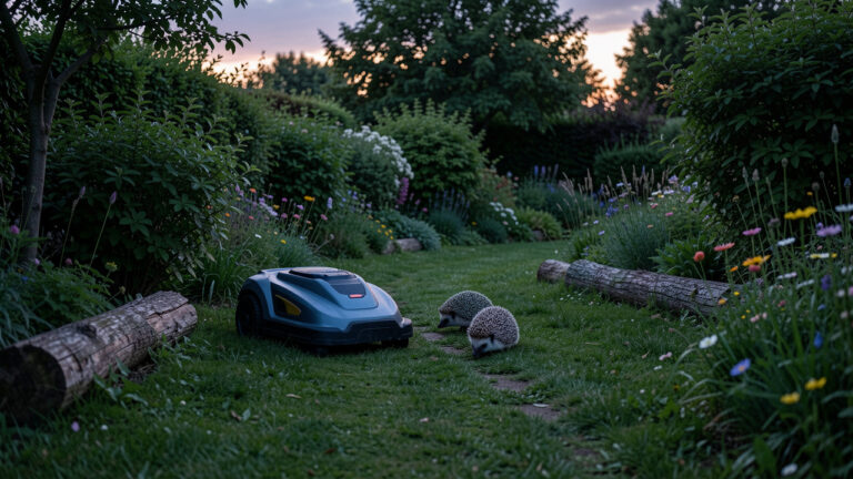 Un robot tondeuse à l’arrêt au crépuscule dans un jardin accueillant pour la faune, tandis que deux hérissons se déplacent près des arbustes et des fleurs sauvages.
