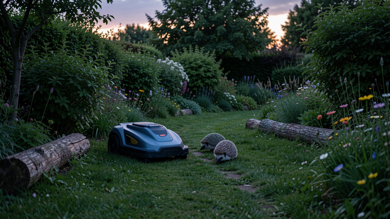 Un robot tondeuse à l’arrêt au crépuscule dans un jardin accueillant pour la faune, tandis que deux hérissons se déplacent près des arbustes et des fleurs sauvages.