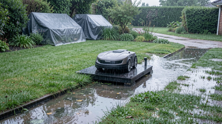 Robot tondeuse stationné sur une plateforme surélevée dans un jardin détrempé après de fortes pluies, avec des flaques et un système de drainage visible.