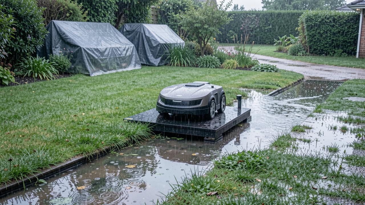 Robot tondeuse stationné sur une plateforme surélevée dans un jardin détrempé après de fortes pluies, avec des flaques et un système de drainage visible.