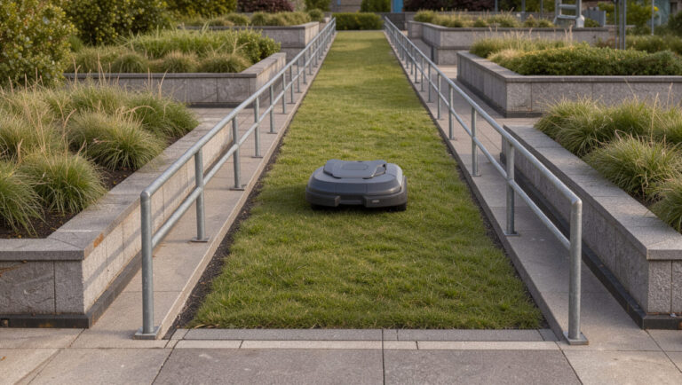 Robot tondeuse circulant sur une rampe aménagée entre plusieurs paliers d’un jardin en terrasse, avec des bordures et des garde-corps assurant la sécurité.