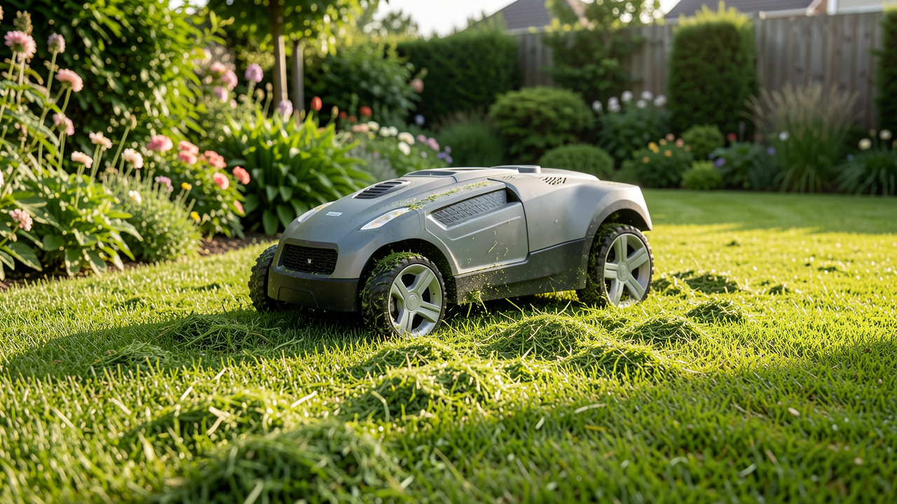 Robot tondeuse travaillant sur une pelouse verte et répartissant de fines herbes coupées pour la nourrir.