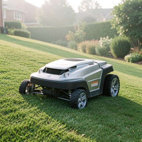 Robot tondeuse sur une pelouse inclinée, en train de monter doucement la pente dans un jardin résidentiel, avec éclairage naturel du matin et pelouse bien entretenue.