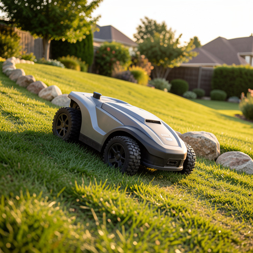 Robot tondeuse autonome pour terrain en pente, glissant sur une pelouse ensoleillée avec profondeur de champ et détails réalistes de la végétation.