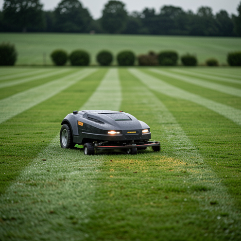 Robot tondeuse professionnel en action, coupant l’herbe de manière régulière dans un grand espace paysagé, lumière naturelle et profondeur de champ marquée.