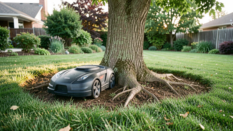 Robot tondeuse contournant prudemment les racines apparentes d’un arbre dans une pelouse verdoyante.