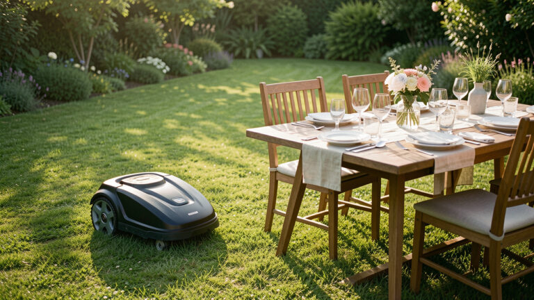 Robot tondeuse entretenant une pelouse verdoyante près d’une table dressée pour un repas en extérieur dans un jardin accueillant.