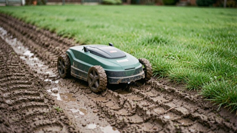 Robot tondeuse équipé de larges roues avançant prudemment sur un sol argileux près d’une pelouse verte afin d’éviter les ornières.