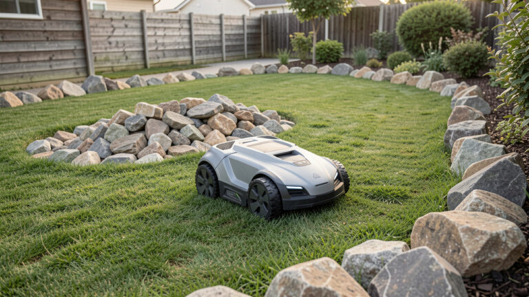 Robot tondeuse avançant sur une pelouse préparée, avec les pierres retirées et regroupées sur le bord du jardin.