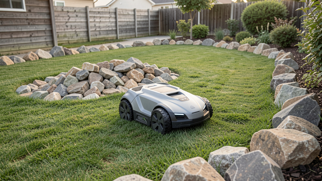 Robot tondeuse avançant sur une pelouse préparée, avec les pierres retirées et regroupées sur le bord du jardin.