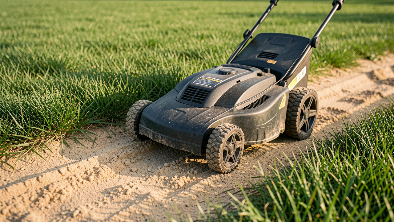 Robot tondeuse avançant sur un terrain sablonneux à la lisière d’une pelouse verte et saine, avec des roues adaptées pour préserver son adhérence et éviter d’endommager l’herbe.