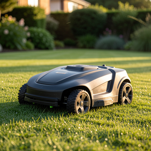 Un robot tondeuse moderne Wiper se déplace sur une pelouse parfaitement tondue sous une lumière matinale dorée, avec un rendu photo réaliste et détaillé.