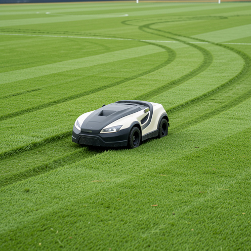 Robot tondeuse automatique sur une pelouse sportive, réalisant une coupe régulière et un entretien soigné du terrain de football.
